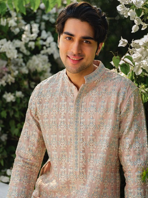 ORGANZA HEAVY HAND EMBROIDERED ZARDOZI KURTA IN PEACH