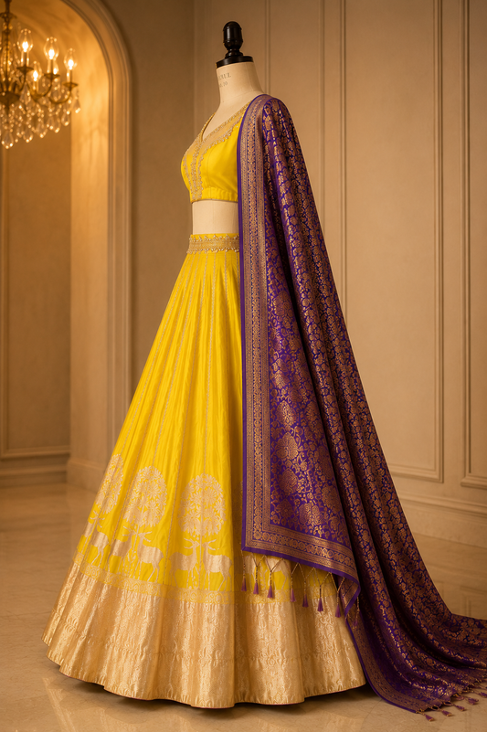 YELLOW BANARASI LEHENGA WITH GOLD & SILVER ZARI WORK