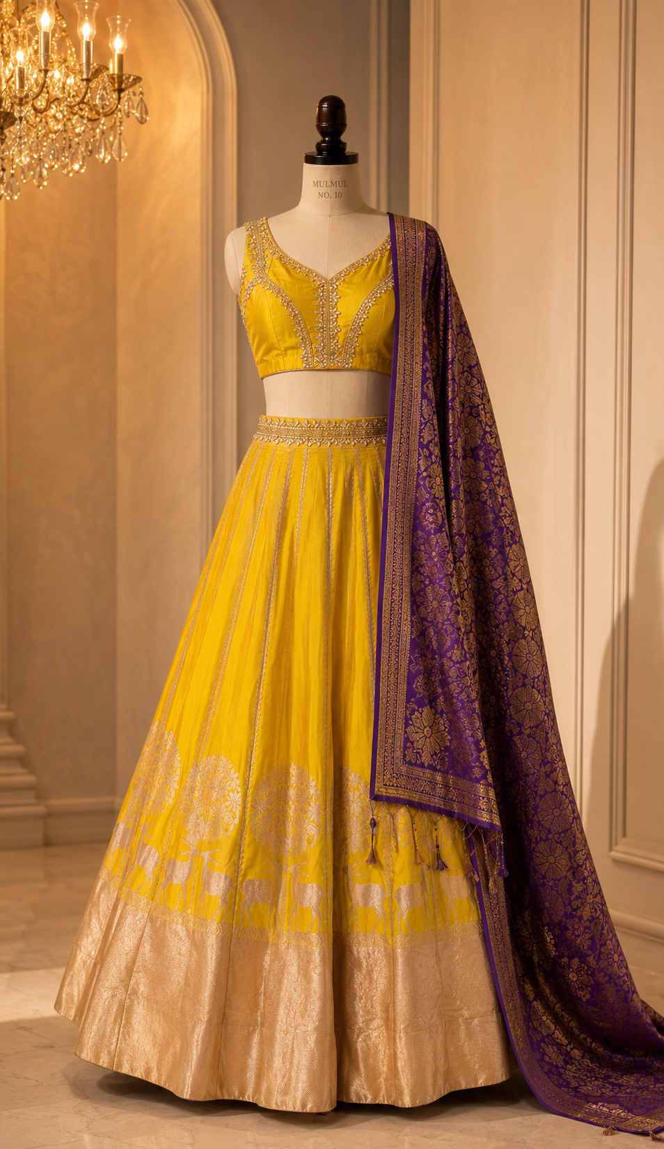 YELLOW BANARASI LEHENGA WITH GOLD & SILVER ZARI WORK