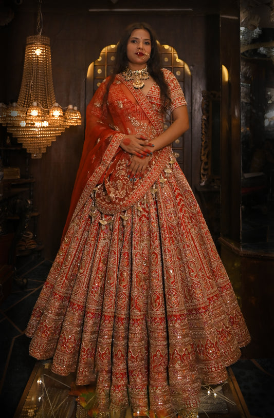 BANDHEJ MULIT BLOCK RED PANEL SILK LEGHENGA