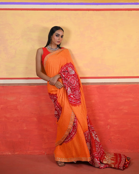 HANDCRAFTED BANDHANI SILK SARI- ORANGE & RED