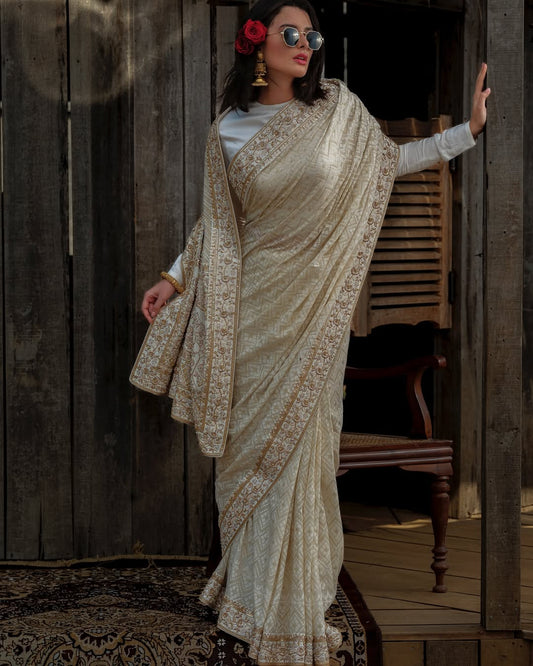 IVORY & GOLD JAMDANI SARI WITH ZARDOZI