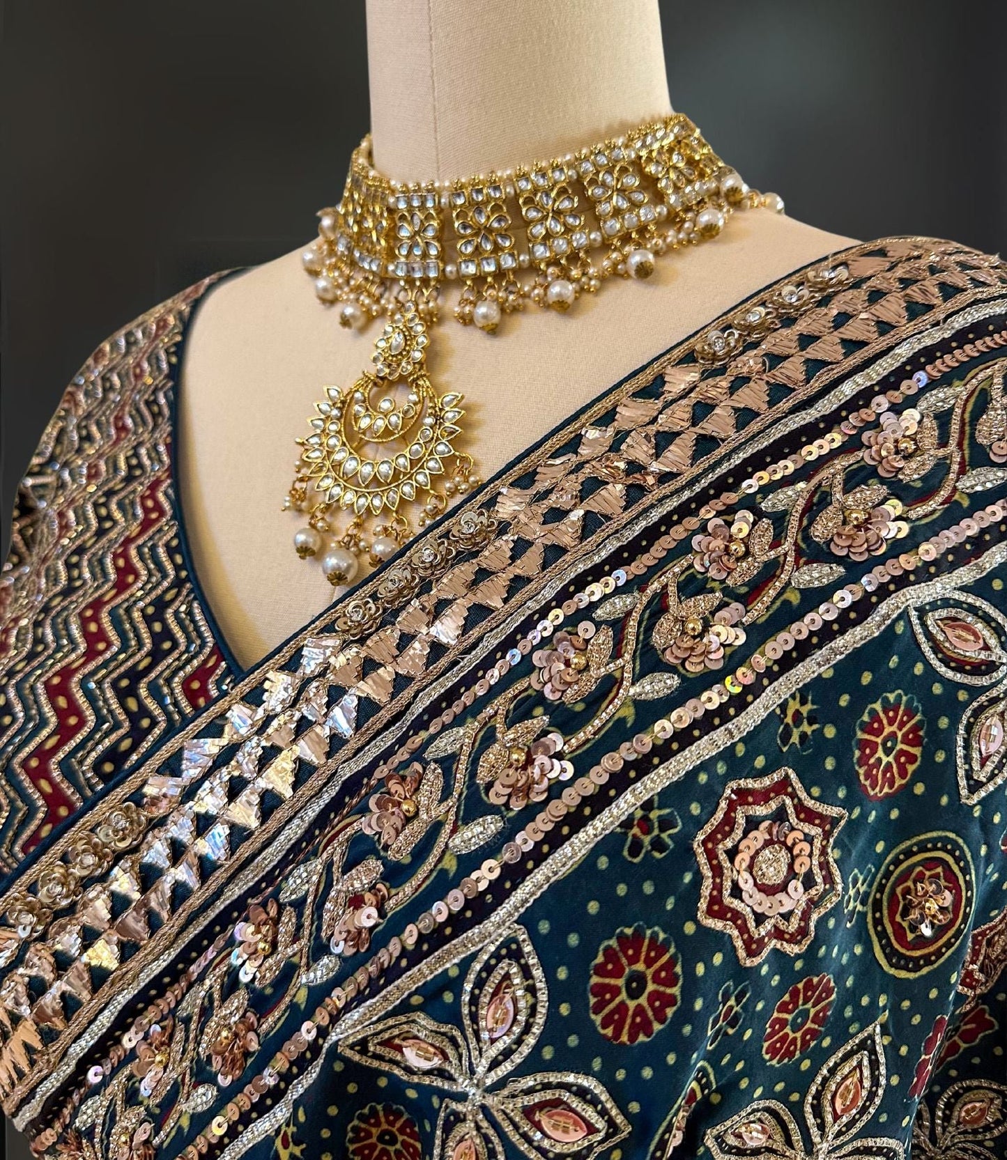 HEAVY EMBROIDERED GREEN AJRAKH SARI