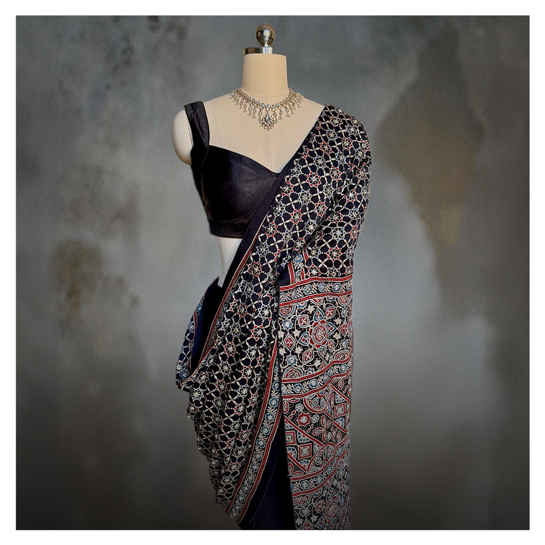 BLACK AJRAKH EMBROIDERED SARI