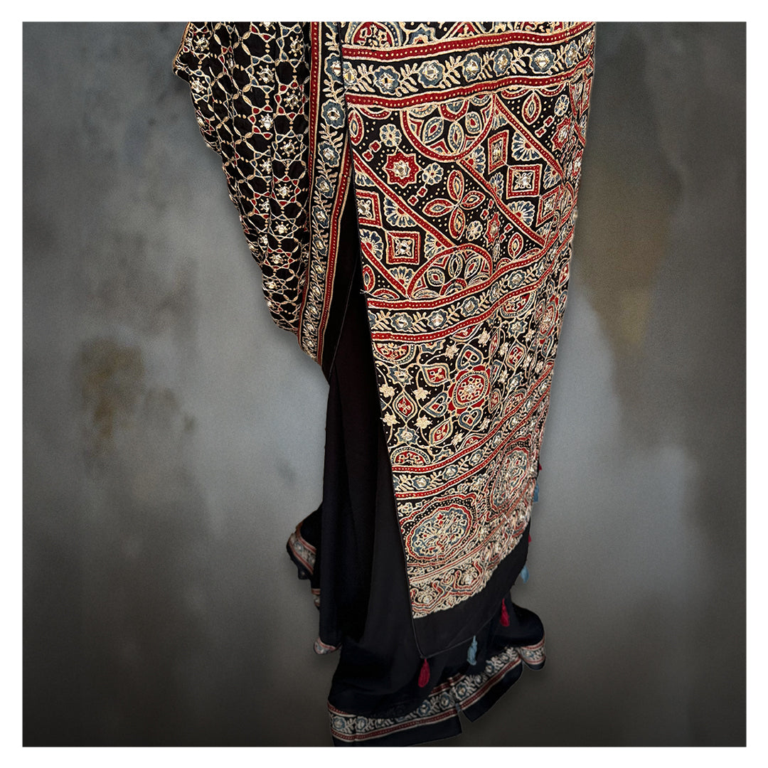 BLACK AJRAKH EMBROIDERED SARI
