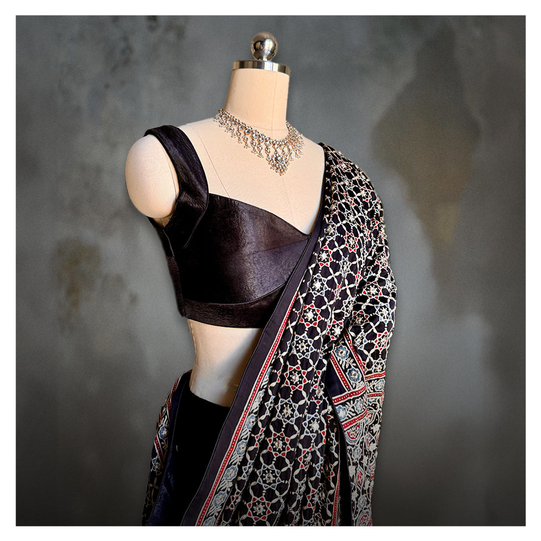 BLACK AJRAKH EMBROIDERED SARI
