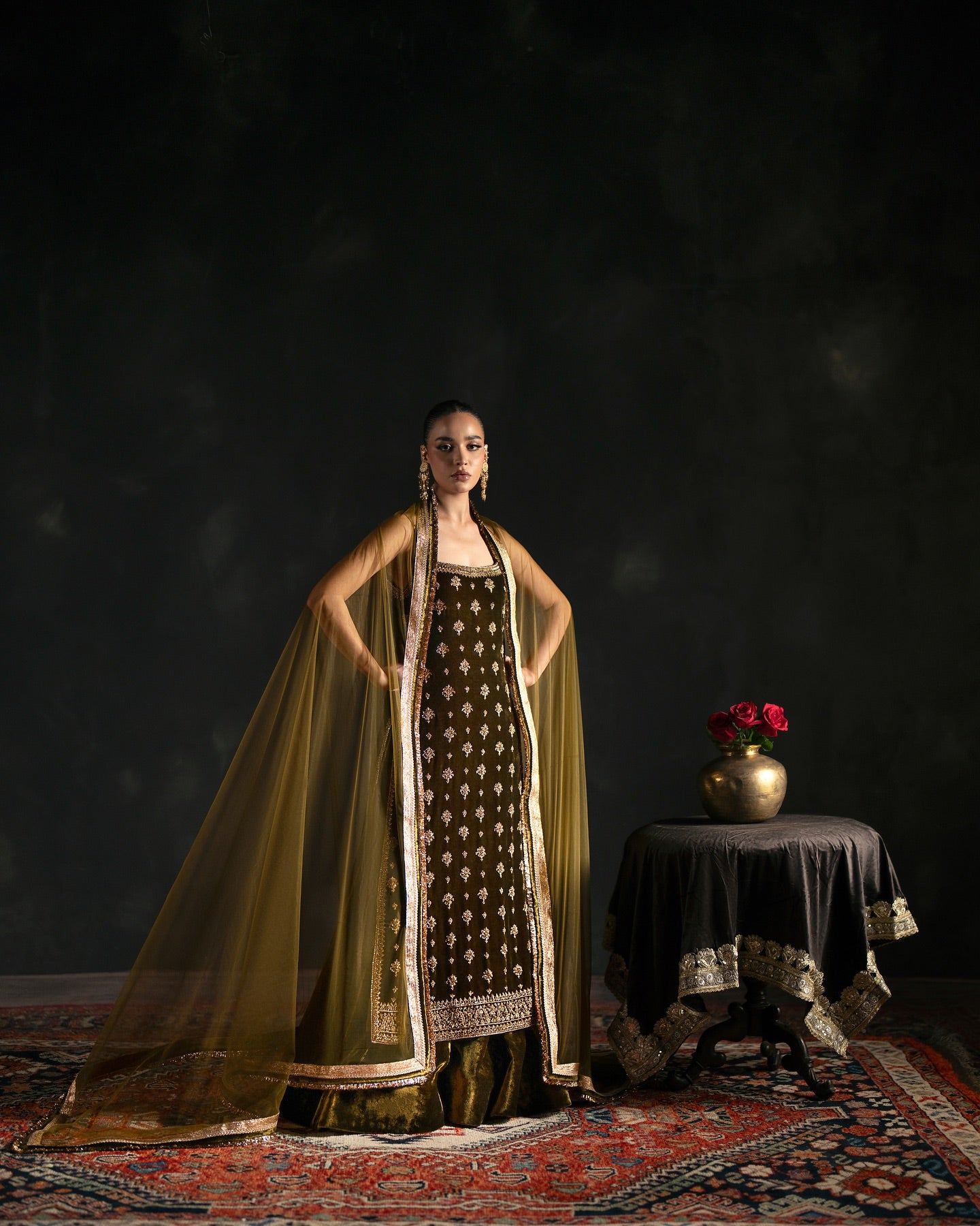 HEAVY GREEN VELVET EMBROIDERED SHARARA