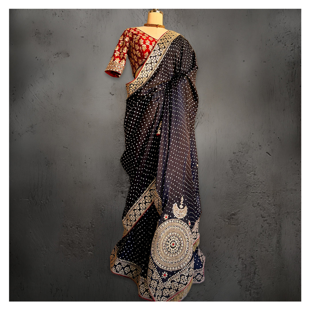 HAND EMBROIDERED GOTAPATTI BANDHEJ BLACK SILK SARI