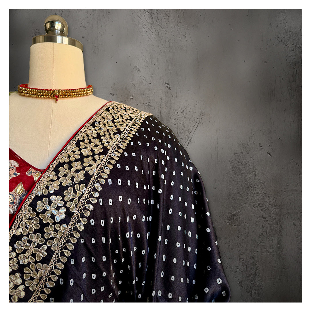 HAND EMBROIDERED GOTAPATTI BANDHEJ BLACK SILK SARI