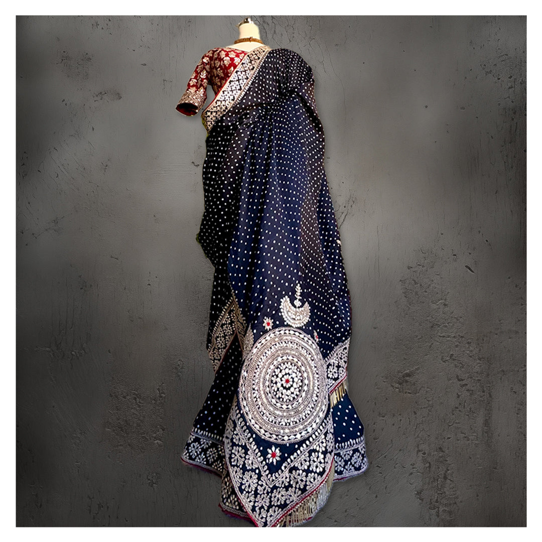 HAND EMBROIDERED GOTAPATTI BANDHEJ BLACK SILK SARI