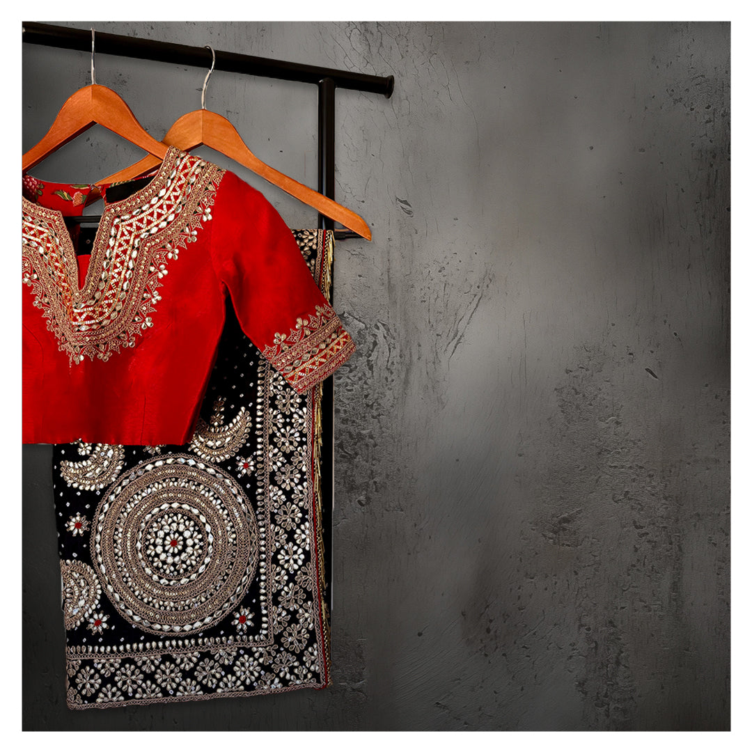 HAND EMBROIDERED GOTAPATTI BANDHEJ BLACK SILK SARI