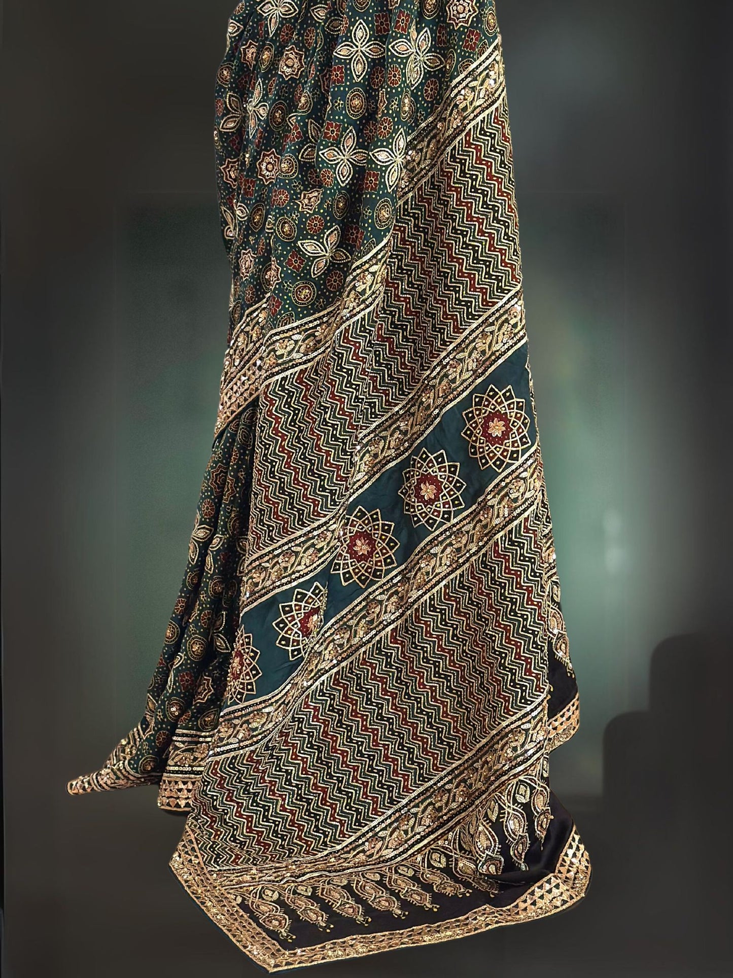 HEAVY EMBROIDERED GREEN AJRAKH SARI