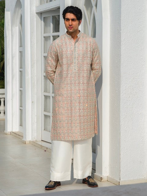 ORGANZA HEAVY HAND EMBROIDERED ZARDOZI KURTA IN PEACH