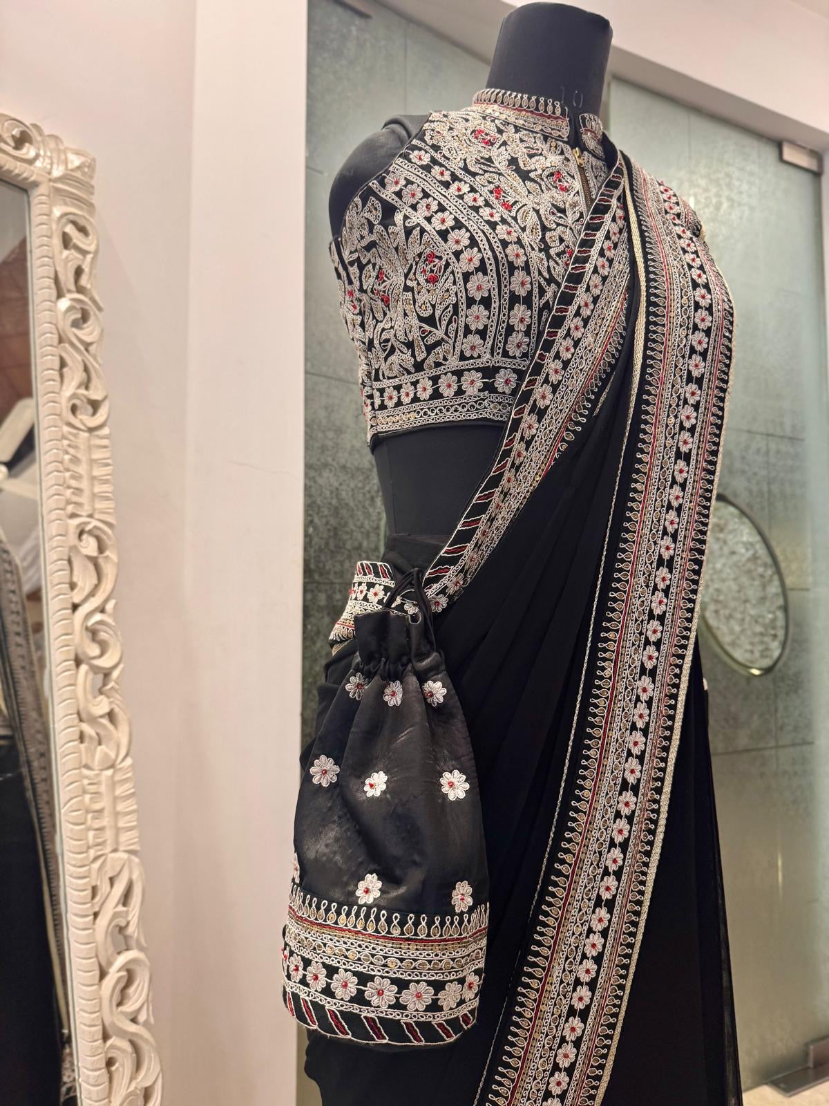 BLACK SILVER EMBROIDERED PRE DRAPED SAREE WITH POTLI