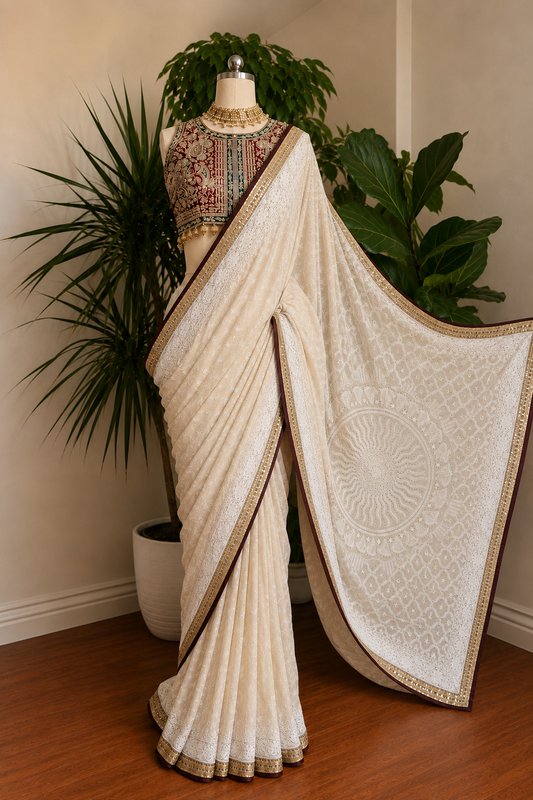 EKTAAR CHIKAN SARI WITH HEAVY EMBROIDERED BLOUSE
