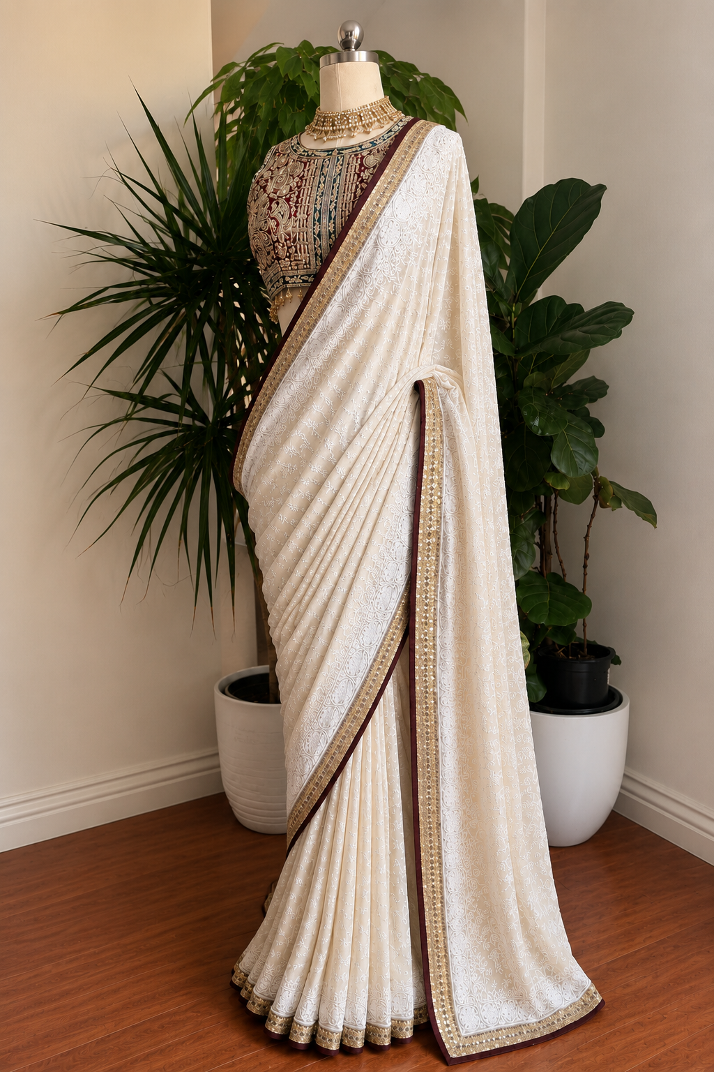 EKTAAR CHIKAN SARI WITH HEAVY EMBROIDERED BLOUSE