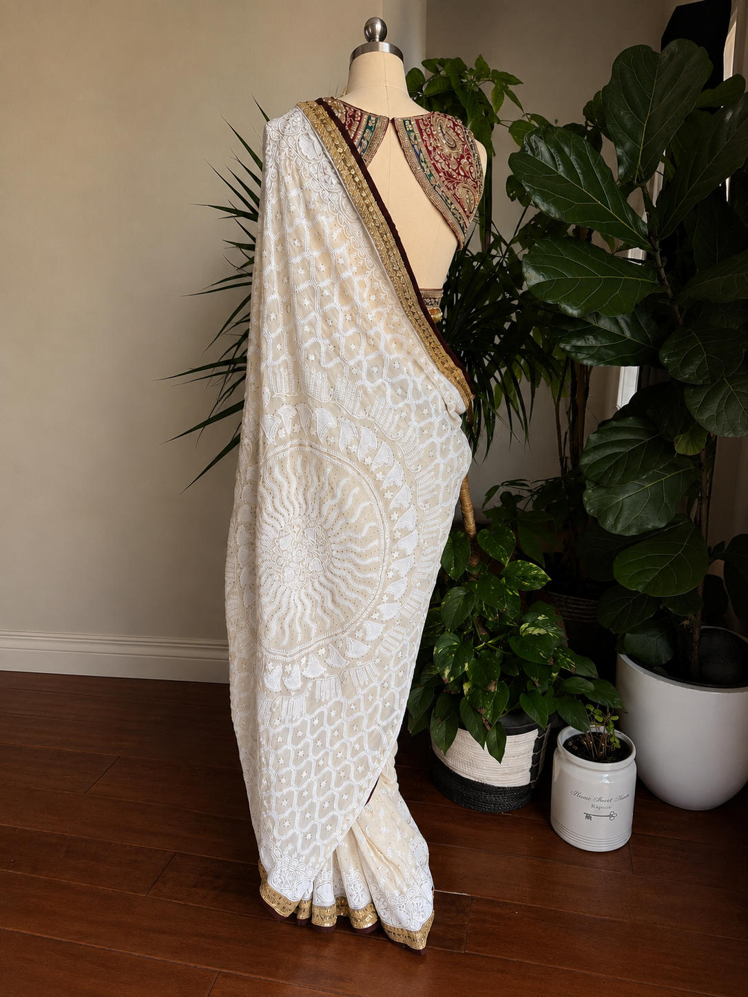 EKTAAR CHIKAN SARI WITH HEAVY EMBROIDERED BLOUSE
