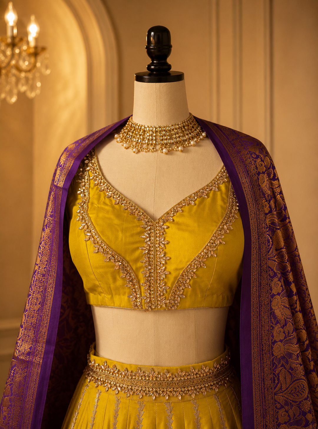 YELLOW BANARASI LEHENGA WITH GOLD & SILVER ZARI WORK