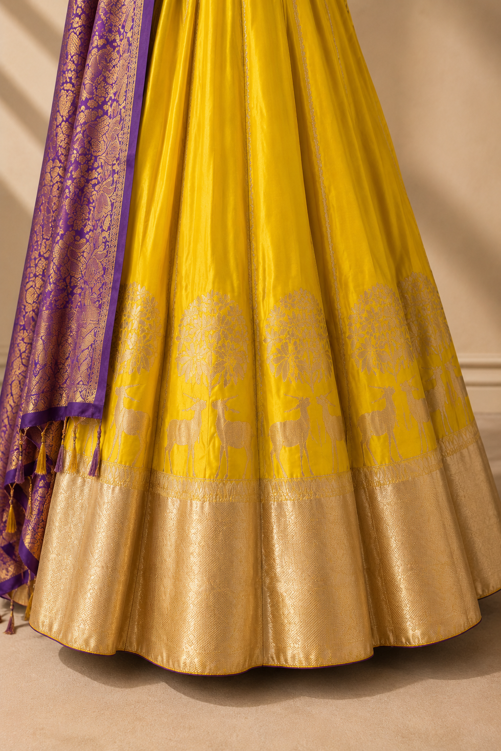 YELLOW BANARASI LEHENGA WITH GOLD & SILVER ZARI WORK