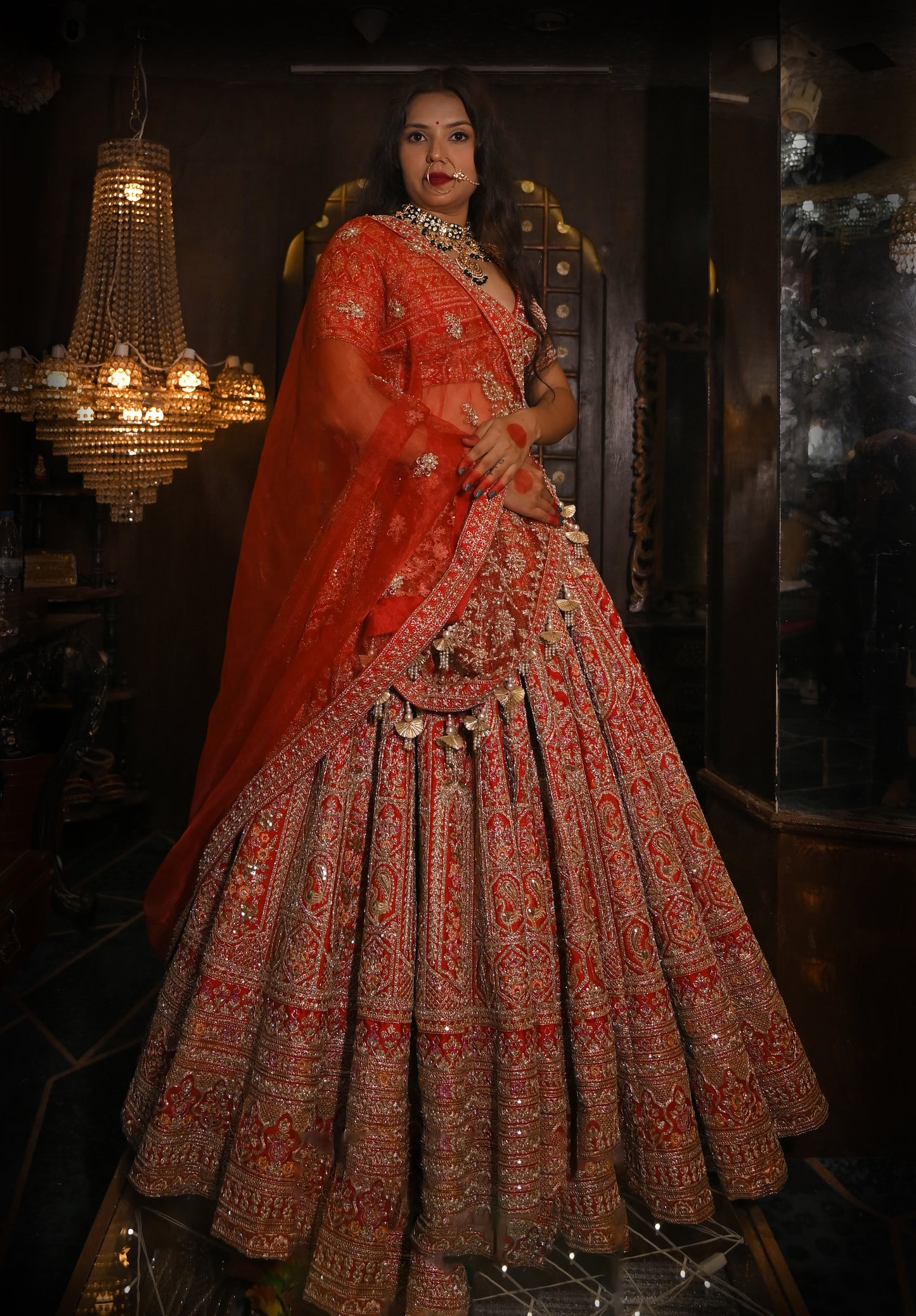 BANDHEJ MULIT BLOCK RED PANEL SILK LEGHENGA