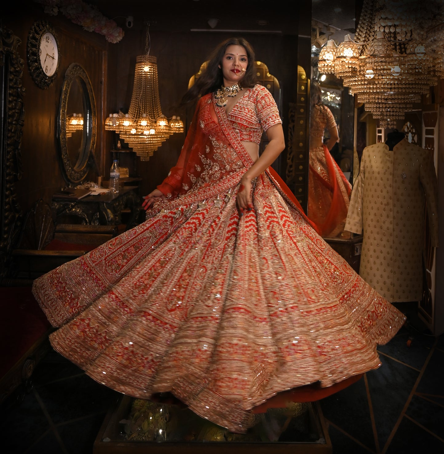 BANDHEJ MULIT BLOCK RED PANEL SILK LEGHENGA