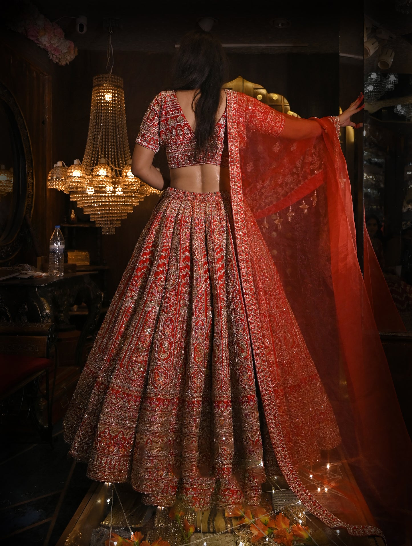 BANDHEJ MULIT BLOCK RED PANEL SILK LEGHENGA