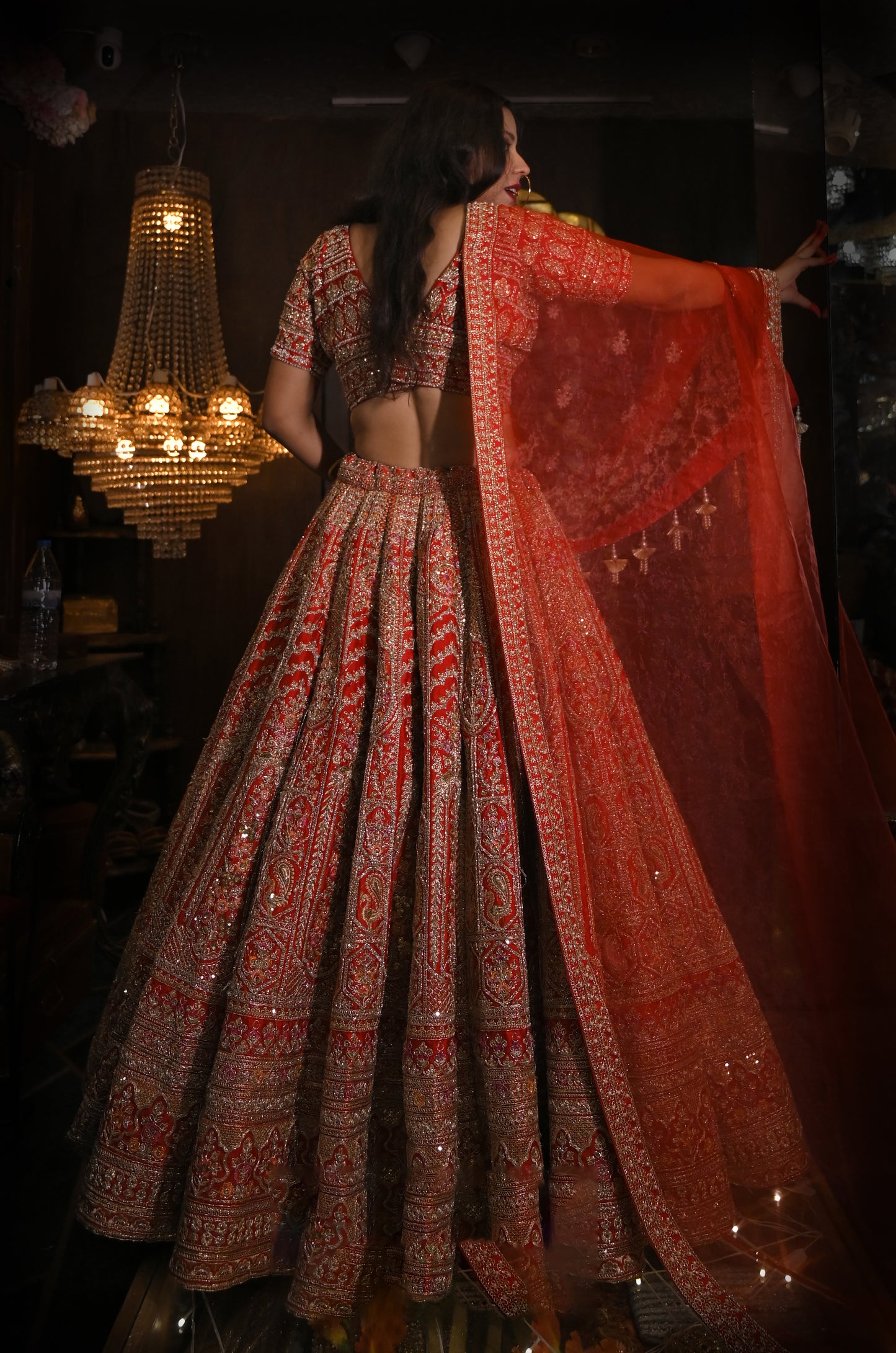 BANDHEJ MULIT BLOCK RED PANEL SILK LEGHENGA