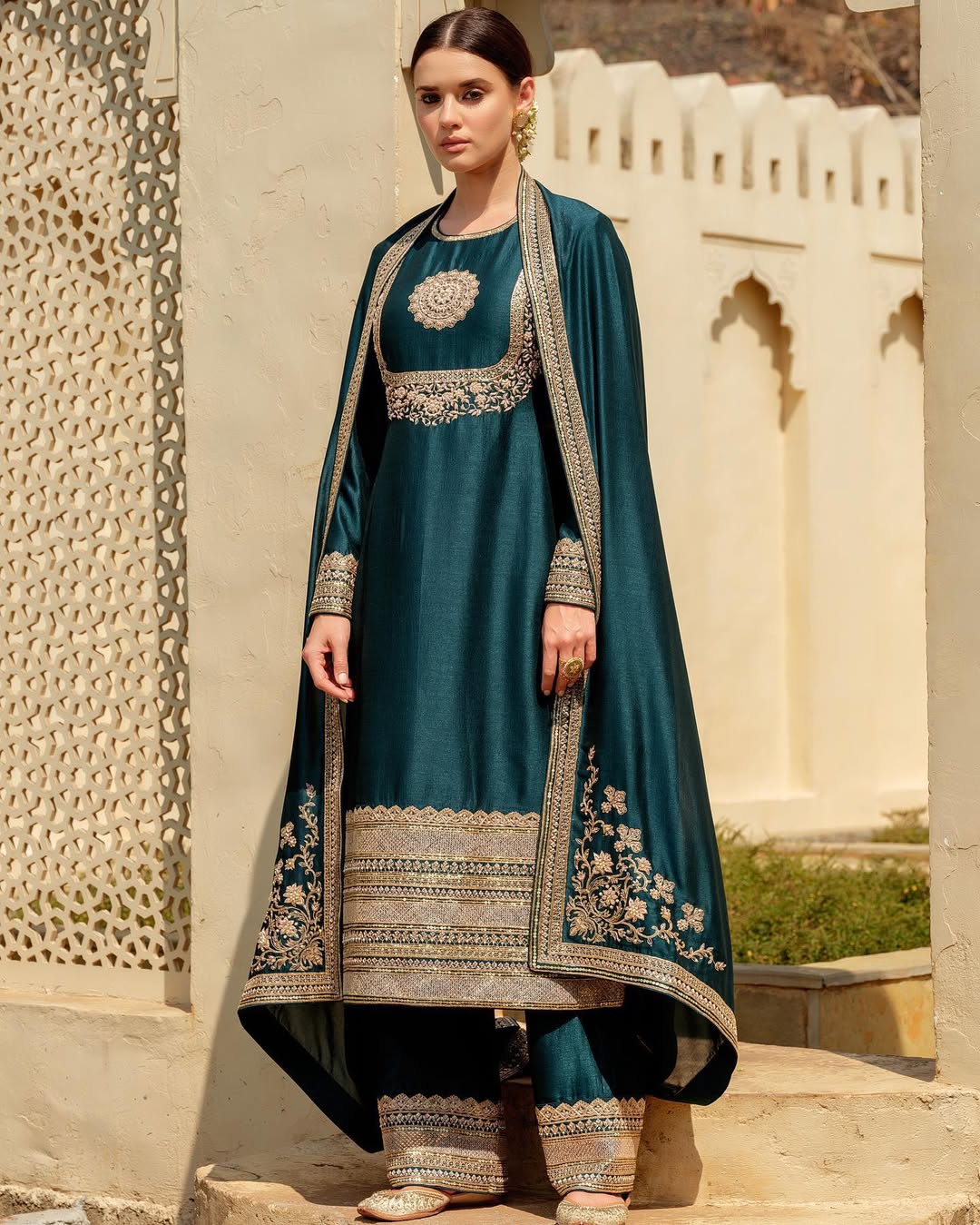 TEAL SILK BLUE GREEN ZARDOZI SALWAR SUIT