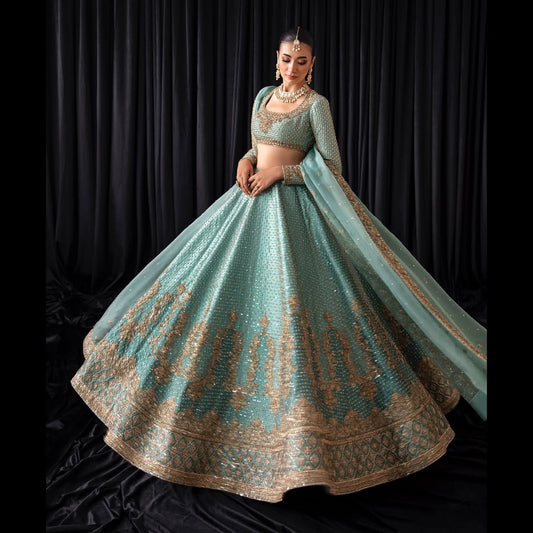 ZARDOZI & TILLA HAND EMBROIDERED LIGHT BLUE BRIDAL LEHENGA