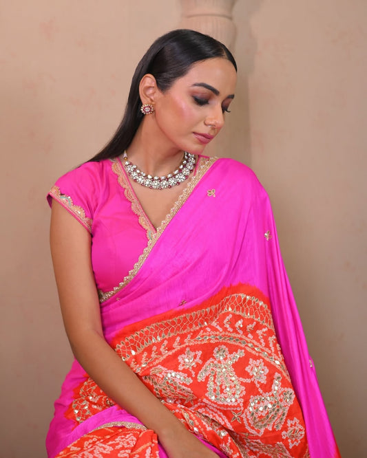HANDCRAFTED BANDHANI SILK SARI- PINK & ORANGE