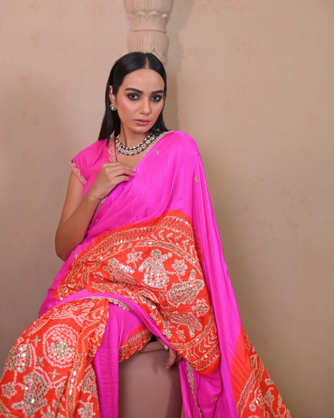 HANDCRAFTED BANDHANI SILK SARI- PINK & ORANGE