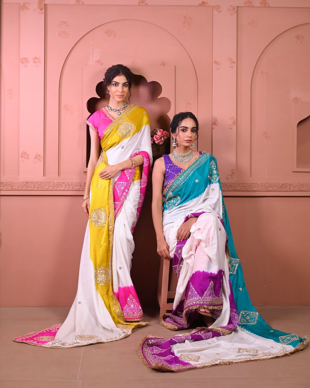 HANDCRAFTED BANDHANI SILK SARI- WHITE WITH YELLOW/BLUE