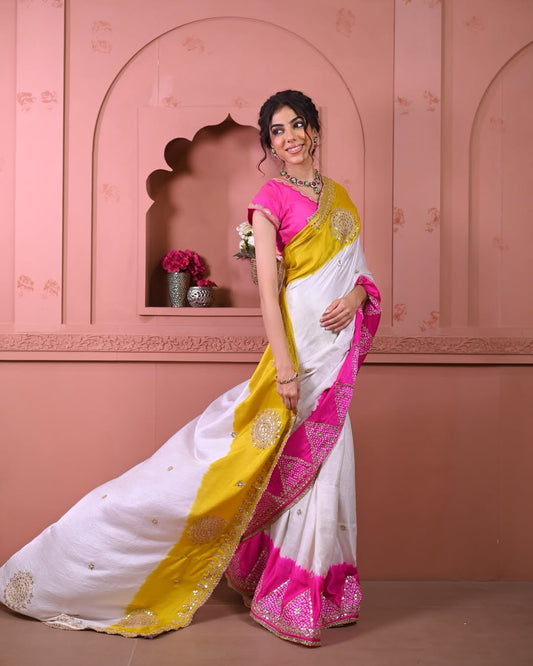 HANDCRAFTED BANDHANI SILK SARI- WHITE & PINK