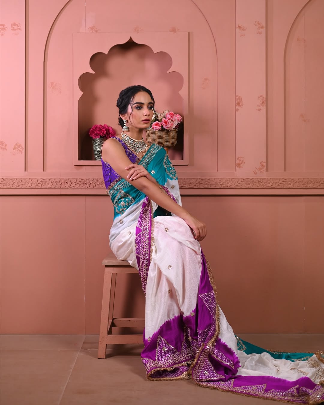 HANDCRAFTED BANDHANI SILK SARI- WHITE WITH YELLOW/BLUE