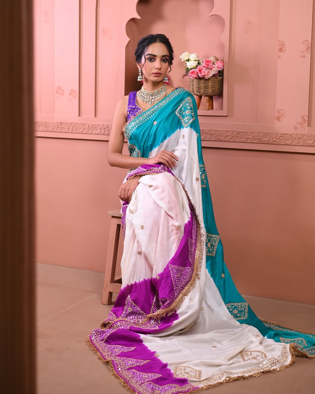 HANDCRAFTED BANDHANI SILK SARI- WHITE WITH YELLOW/BLUE