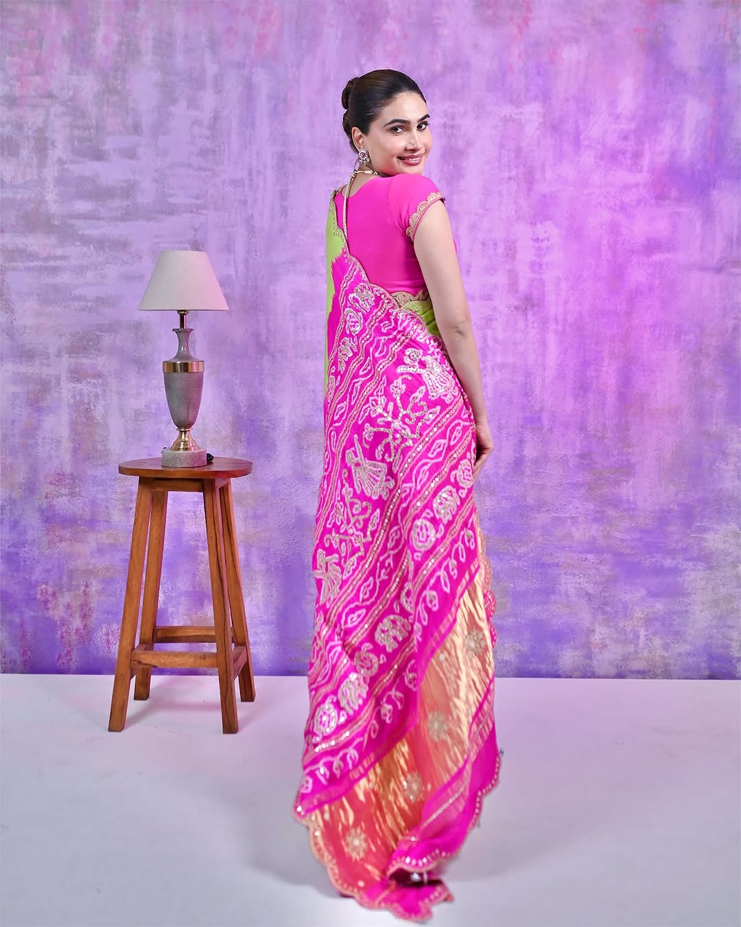 HANDCRAFTED BANDHANI SILK SARI- GREEN/PINK