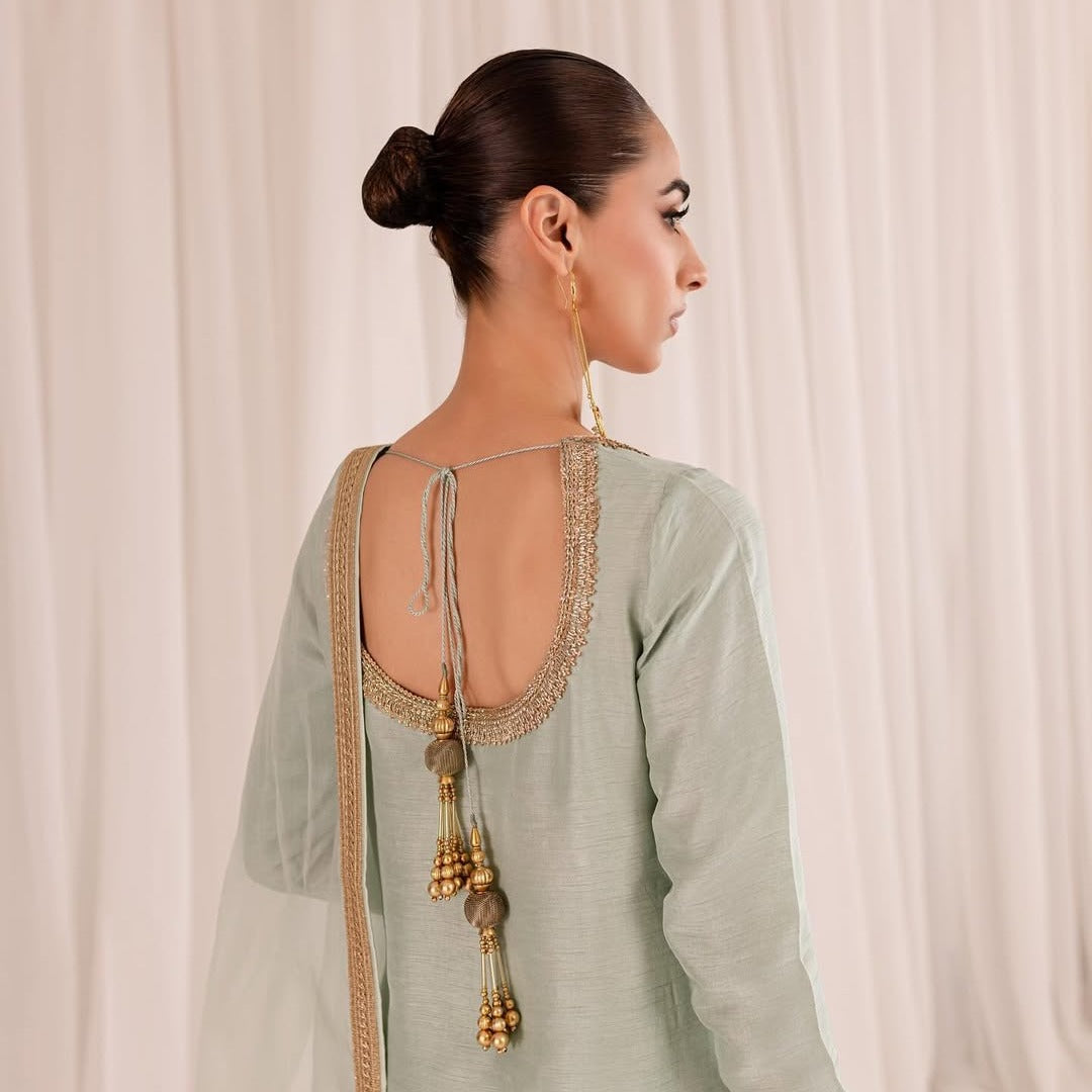 PASTEL GREEN ZARDOZI VELVET SILK GHARARA SET