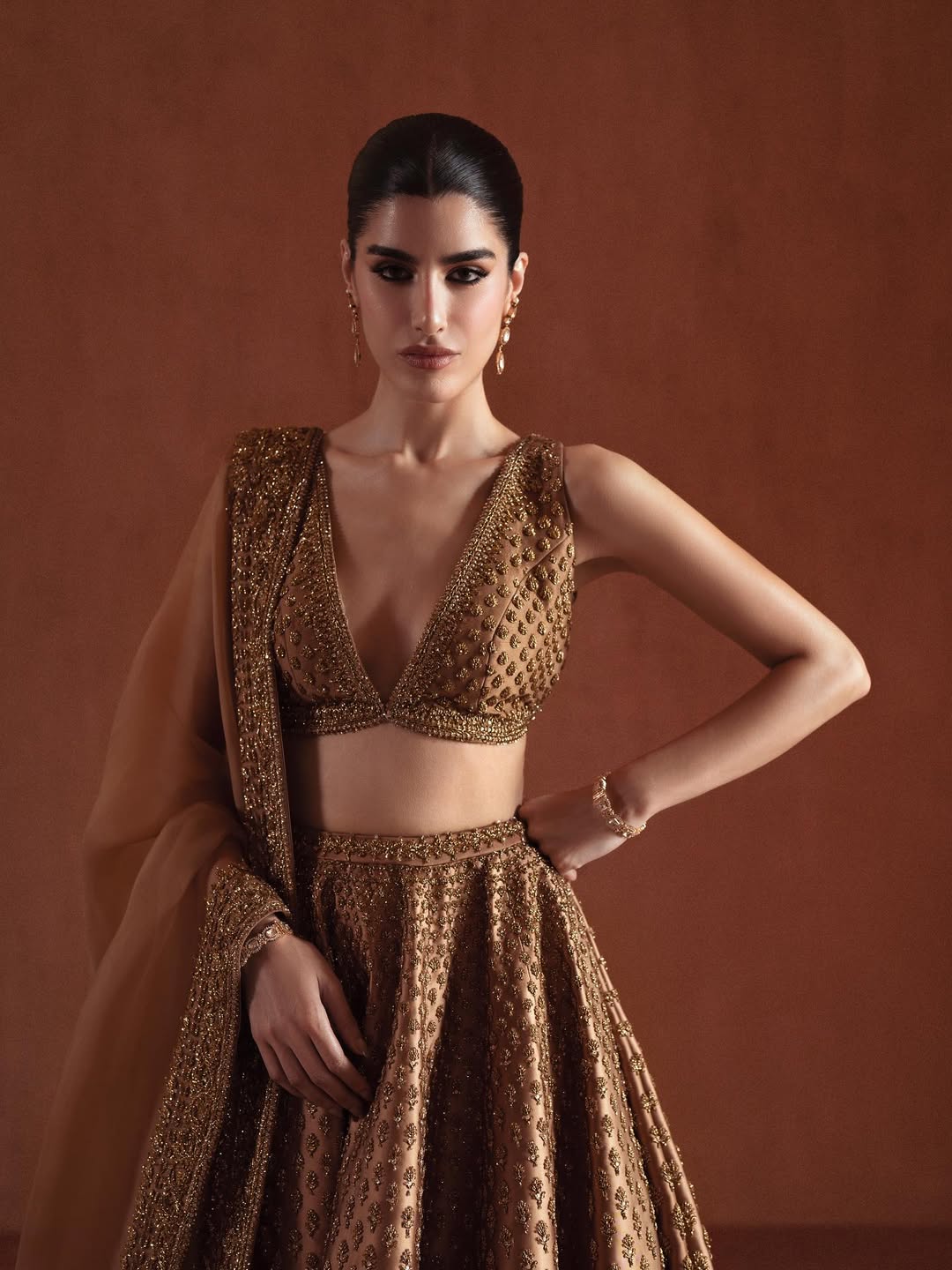 COFFEE BROWN V NECK BRIDAL LEHENGA