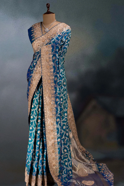 TEAL BLUE EMBROIDERED BANARASI SILK SARI