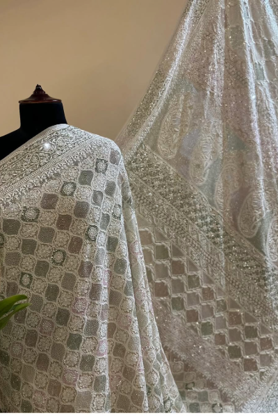 HANDWOVEN HANDCRAFTED FULL JAL CHIKANKARI SARI IN EKTAAR EMBROIDERY
