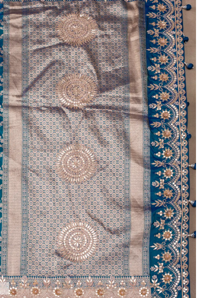 TEAL BLUE EMBROIDERED BANARASI SILK SARI