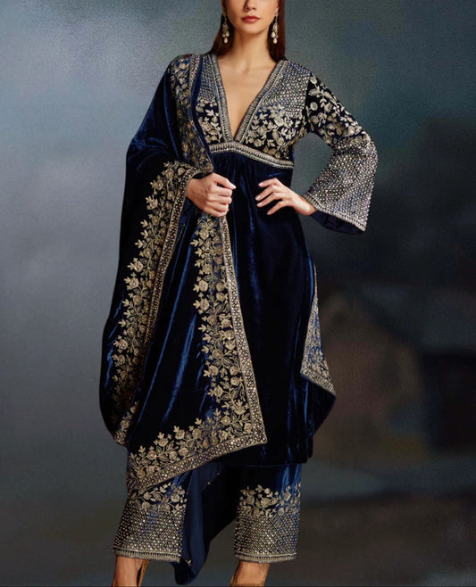 BLUE SILVER EMBROIDERED VELVET SUIT