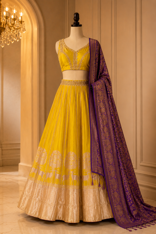 YELLOW BANARASI LEHENGA WITH GOLD & SILVER ZARI WORK