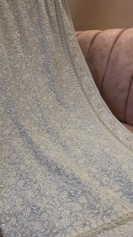 HANDWOVEN HANDCRAFTED CHIKANKARI EKTAAR GREY SARI